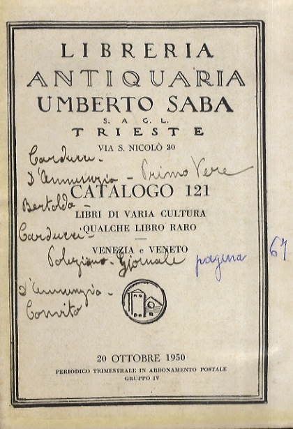 Catalogo 121. 20 ottobre 1950. Libri di varia cultura. Qualche …