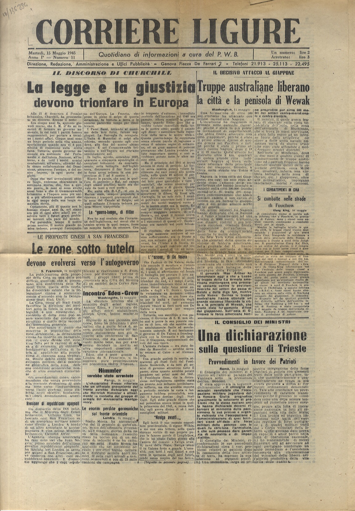 CORRIERE Ligure. Quotidiano di informazioni a cura del P.W.B. Anno …