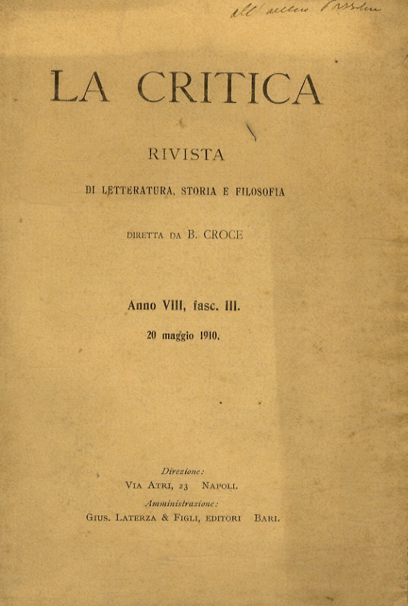 CRITICA (LA). Rivista di letteratura, storia e filosofia diretta da …