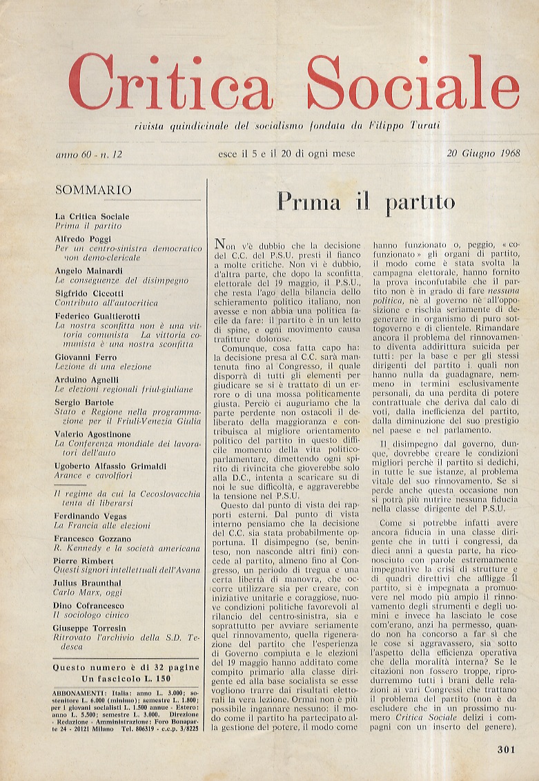 CRITICA Sociale. Rivista quindicinale del socialismo fondata da Filippo Turati. …