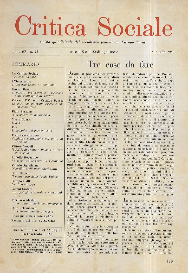 CRITICA Sociale. Rivista quindicinale del socialismo fondata da Filippo Turati. …