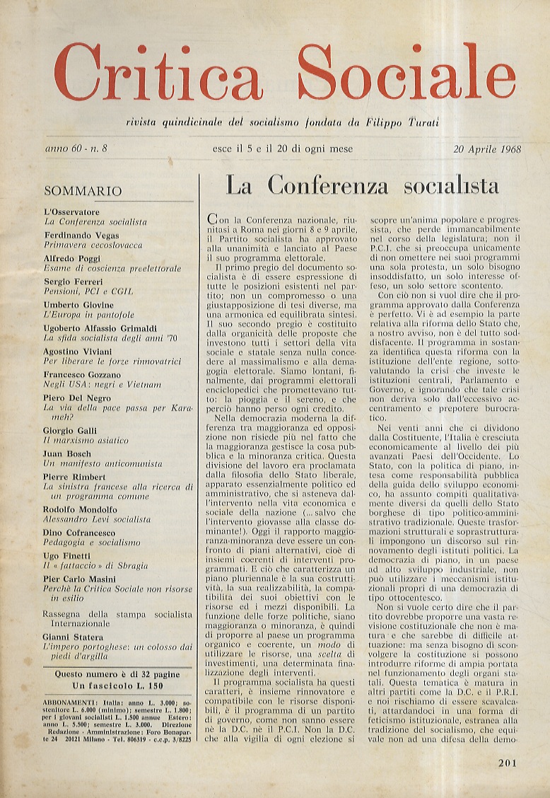 CRITICA Sociale. Rivista quindicinale del socialismo fondata da Filippo Turati. …
