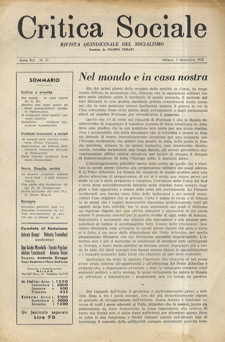 CRITICA Sociale. Rivista quindicinale del socialismo fondata da Filippo Turati. …