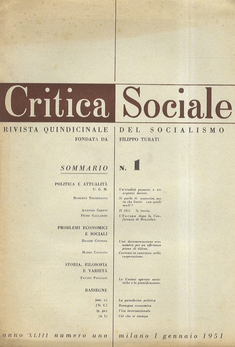 CRITICA Sociale. Rivista quindicinale del Socialismo, fondata da Filippo Turati. …