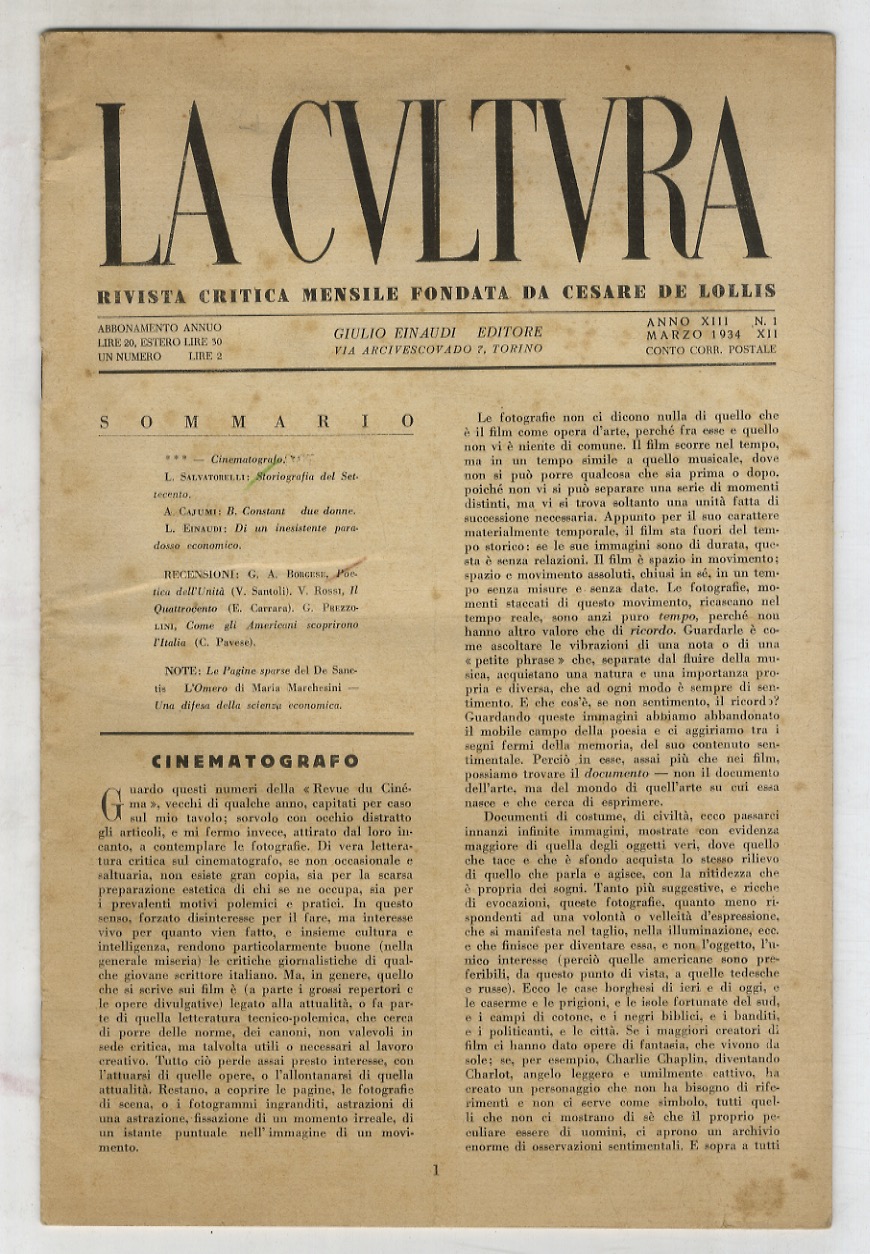CULTURA (LA). Rivista fondata da Cesare De Lollis. Anno XIII, …
