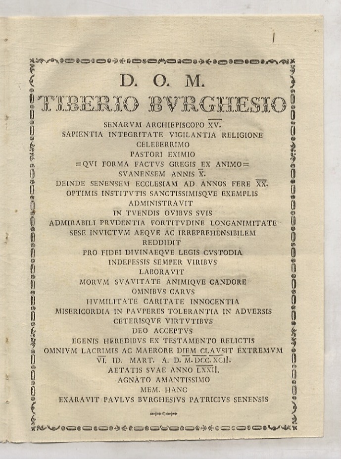 D.O.M. Tiberio Burghesio, senarum Archiepiscopo XV, sapientia integritate vigilantia religione …