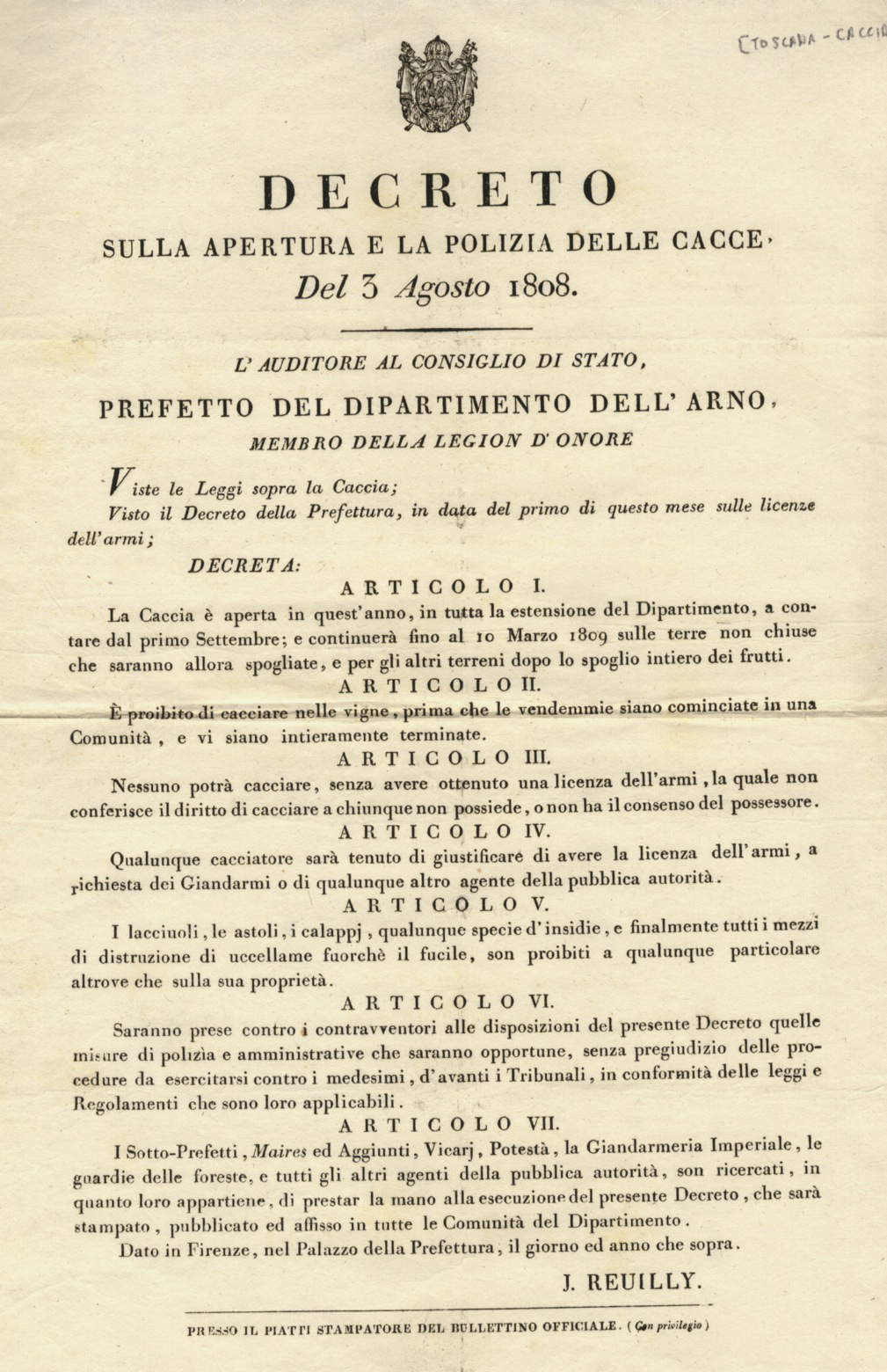 Decreto sulla apertura e la polizia delle cacce del 3 …