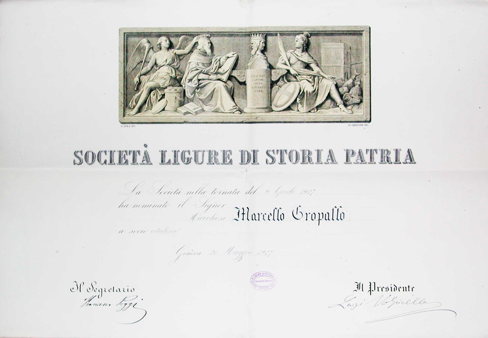 DIPLOMA di nomina a socio a vita della Società Ligure …