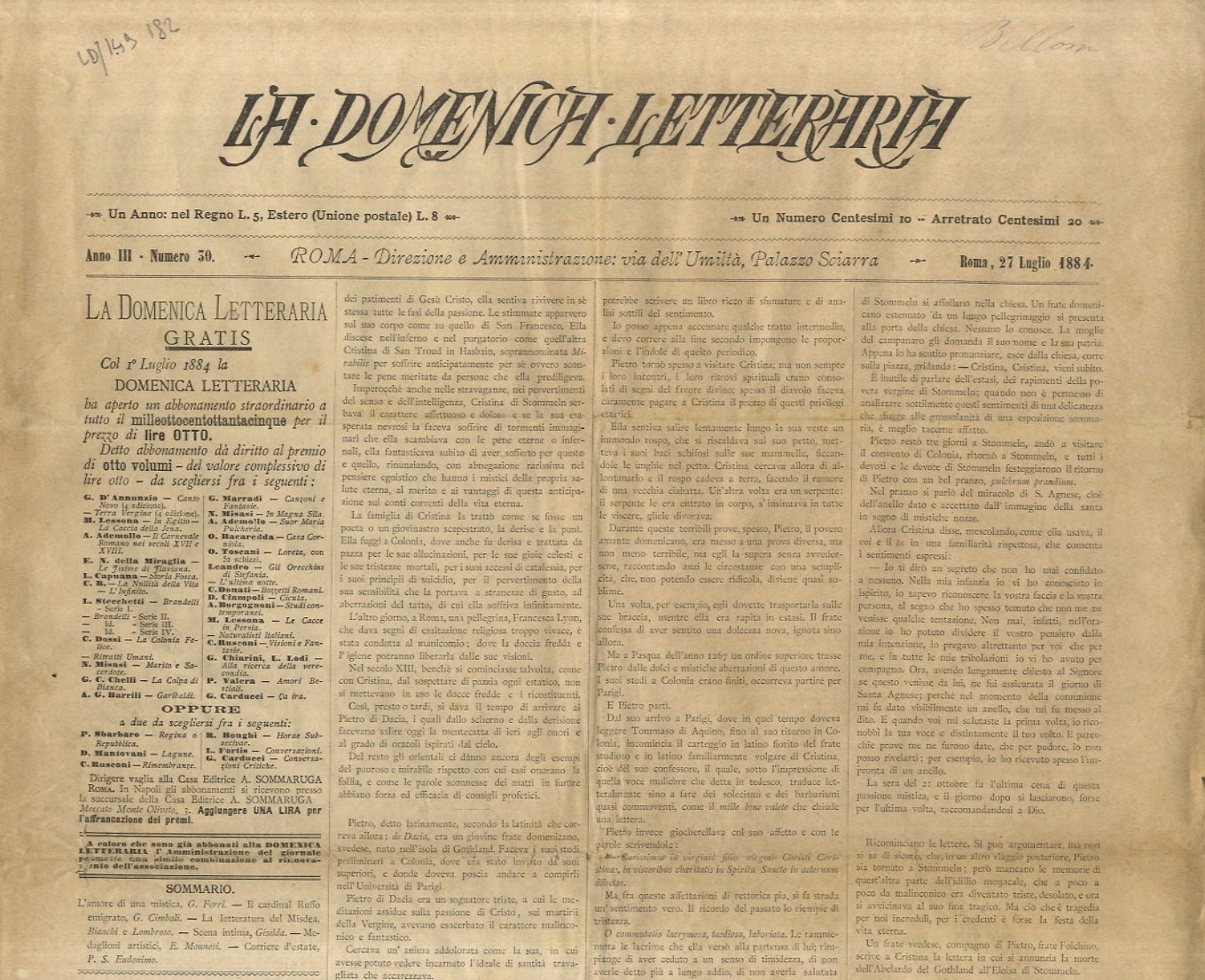 DOMENICA (LA) letteraria. Anno III. n. 30. 27 luglio 1884.