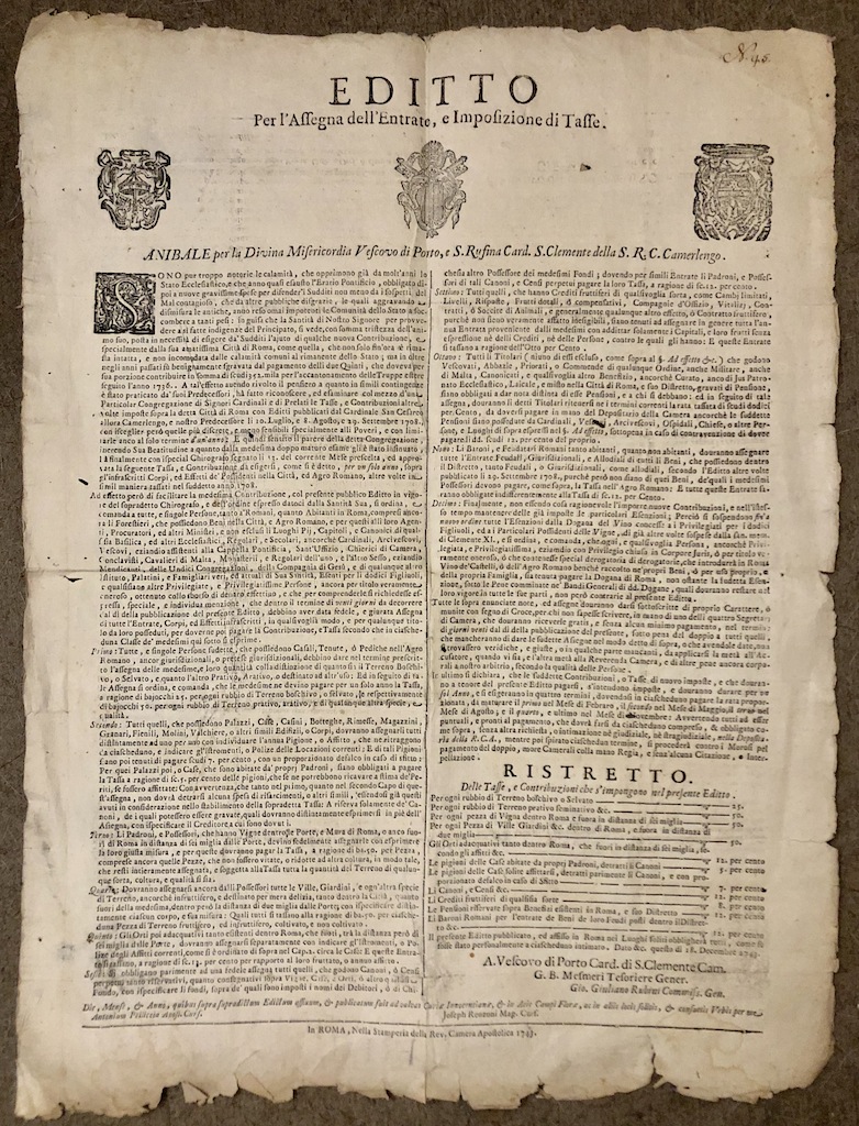 Editto per l'Assegna dell'Entrate e Imposizione di Tasse. Annibale per …