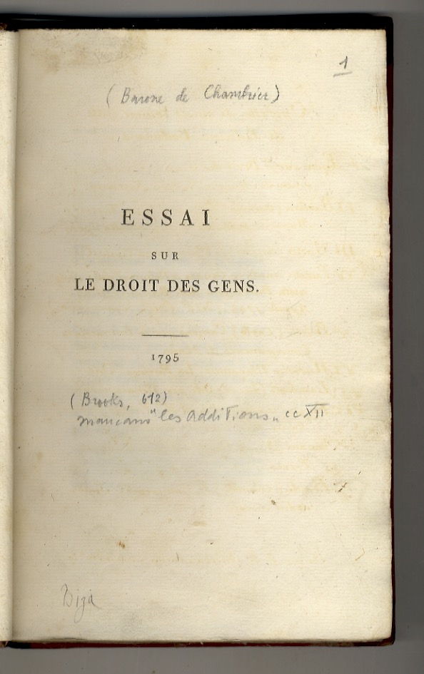 Essai sur le droit des gens. [Legato con:] Barbieri Gaetano. …