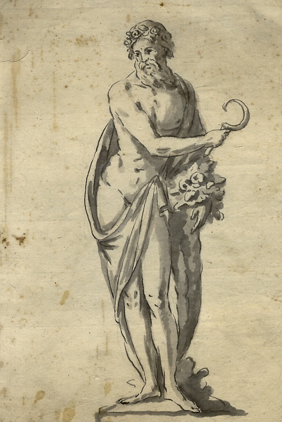 Figura mitologica: vecchio coronato di fiori con cornucopia e falcetto …