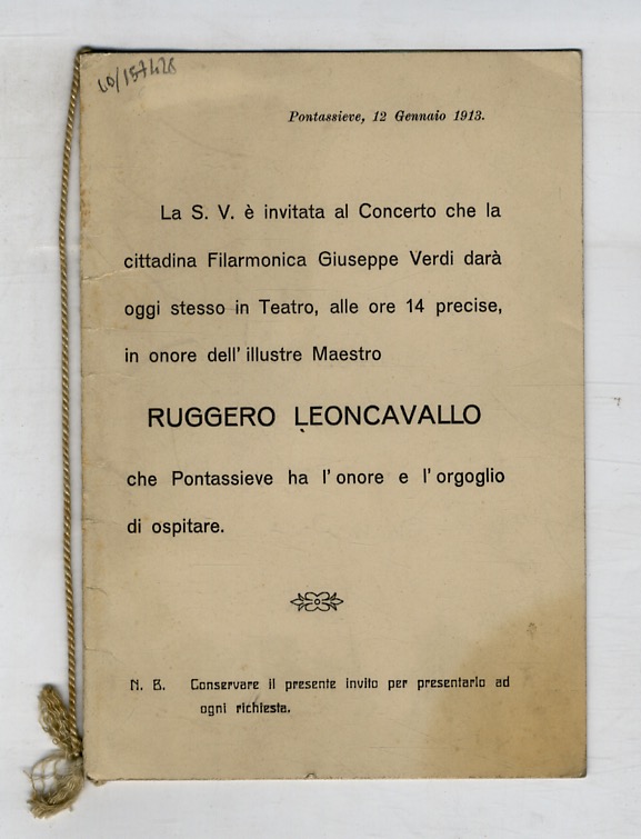 Firma autografa del musicista, su biglietto d'invito al concerto che …