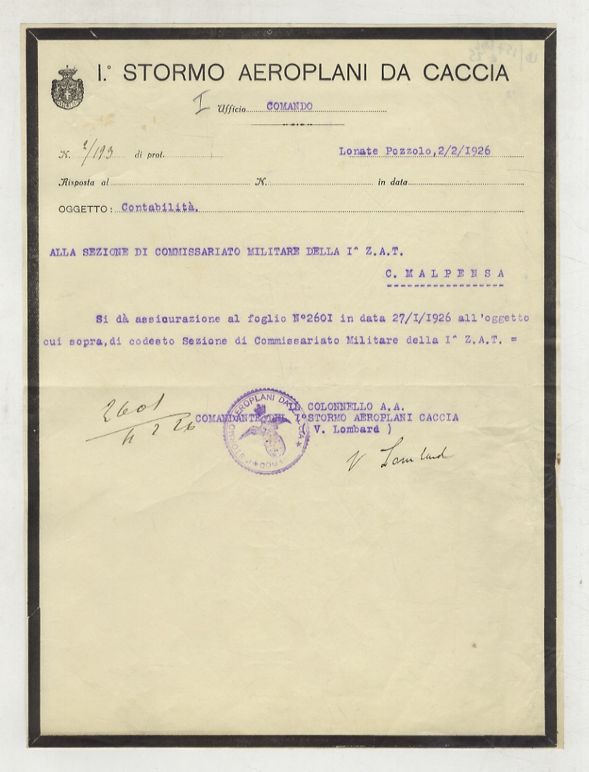 Firma autografa su una lettera dattiloscritta (oggetto: contabilità) sulla facciata …