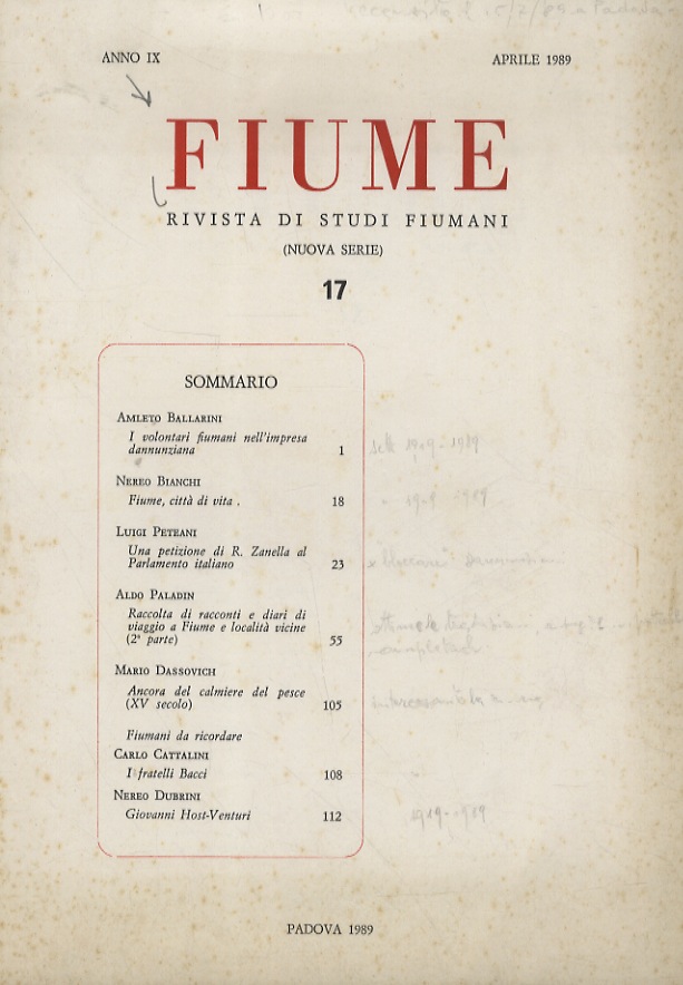 FIUME. Rivista di studi fiumani (Nuova serie) 17. Aprile 1989.