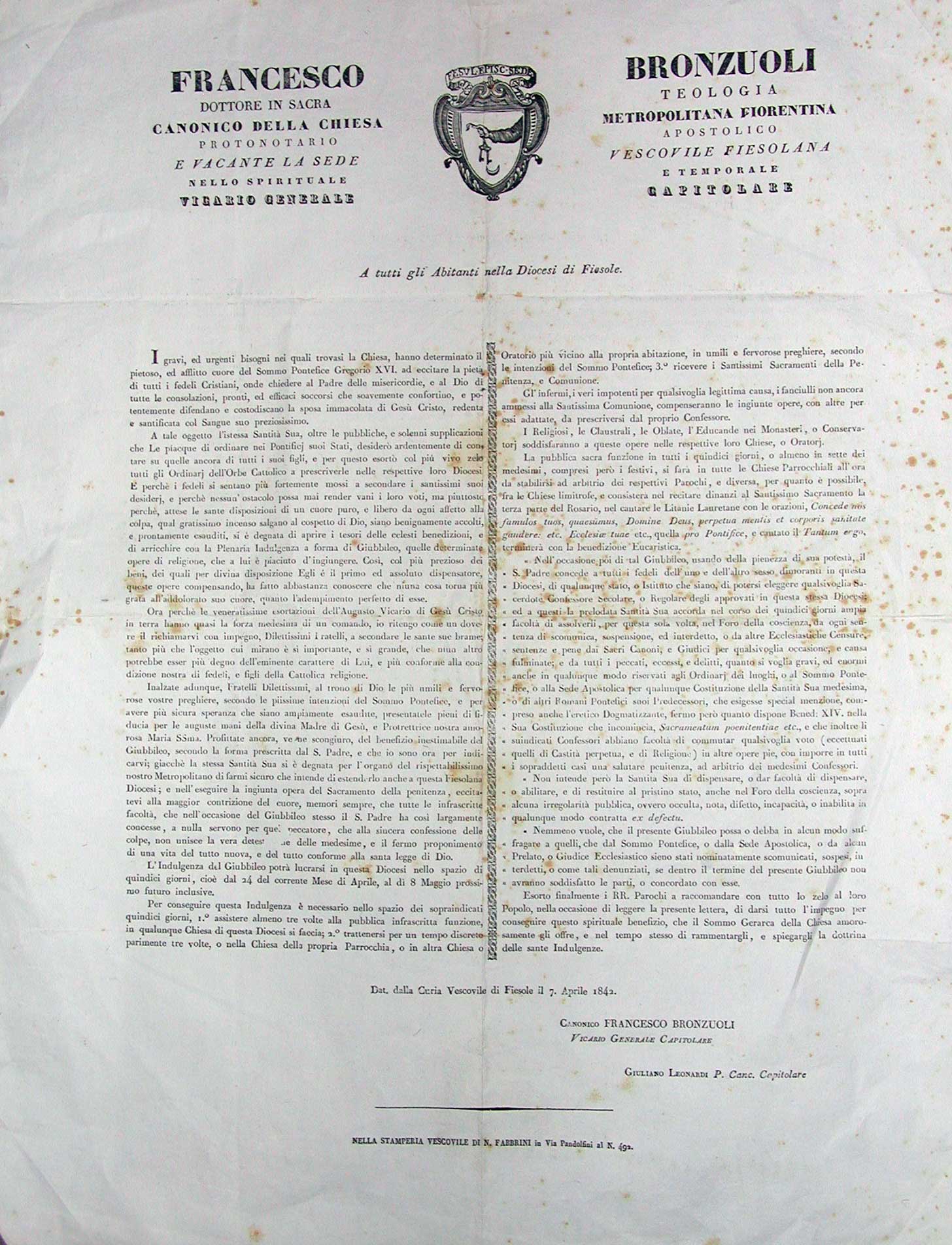Francesco Bronzuoli [.] canonico della Chiesa metropolitana fiorentina [.] e …