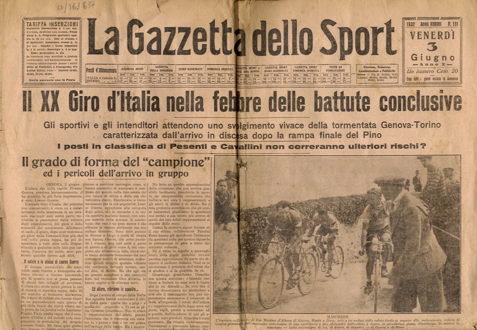 GAZZETTA (LA) dello Sport. Anno XXXVIII. Venerdì 3 giugno 1932.