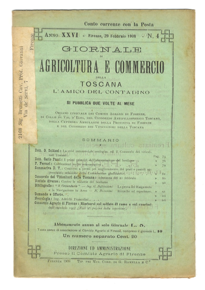 Giornale di Agricoltura e Commercio della Toscana “L'Amico del contadino”. …