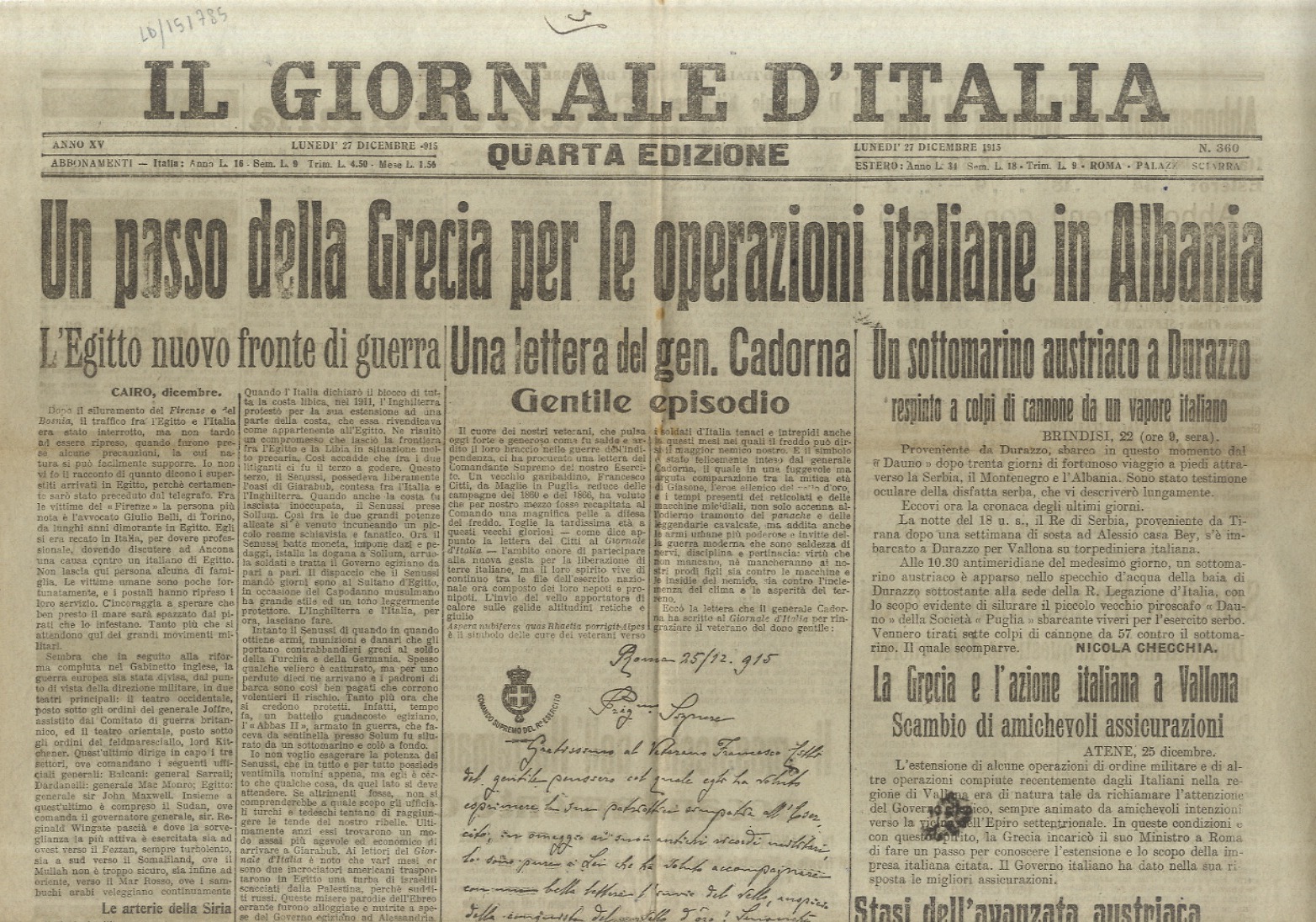 GIORNALE (IL) d'Italia. Quarta edizione. Anno XV. Lunedì 27 dicembre …