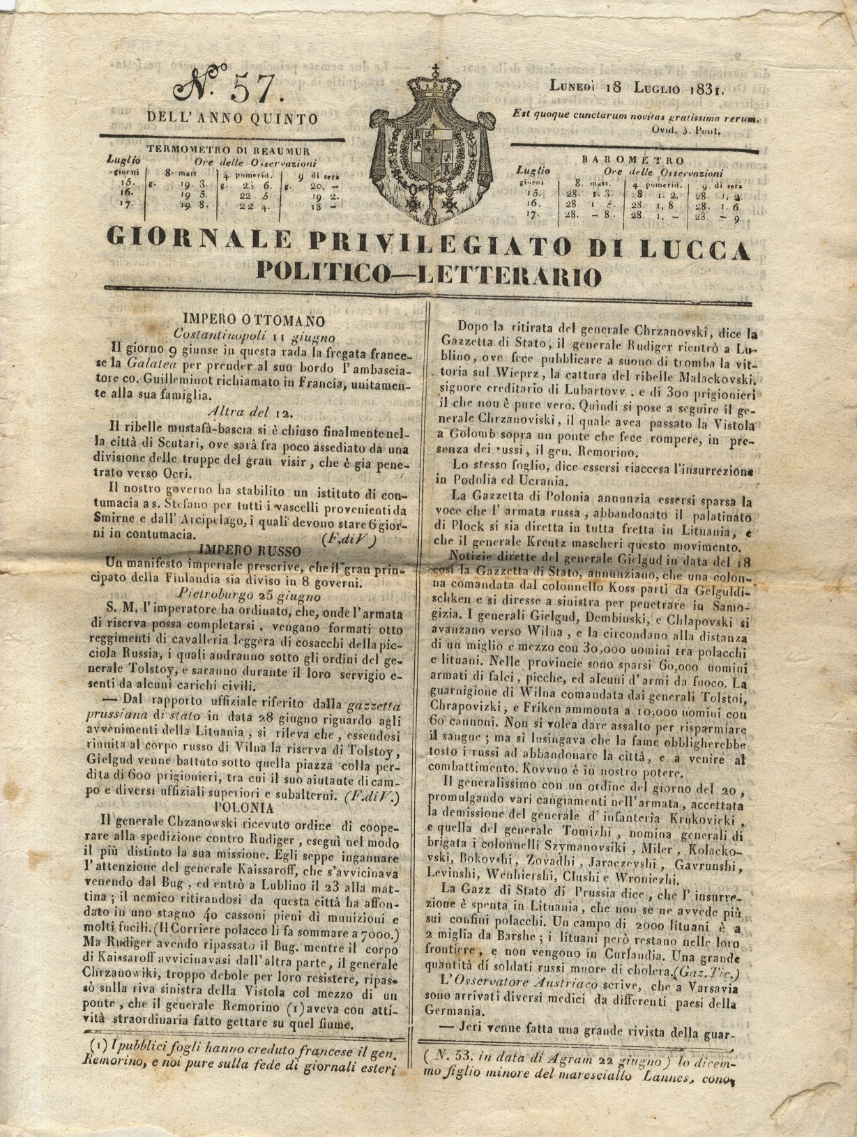 GIORNALE privilegiato di Lucca, politico-letterario. Anno quinto. 1831; fascicoli: 56, …