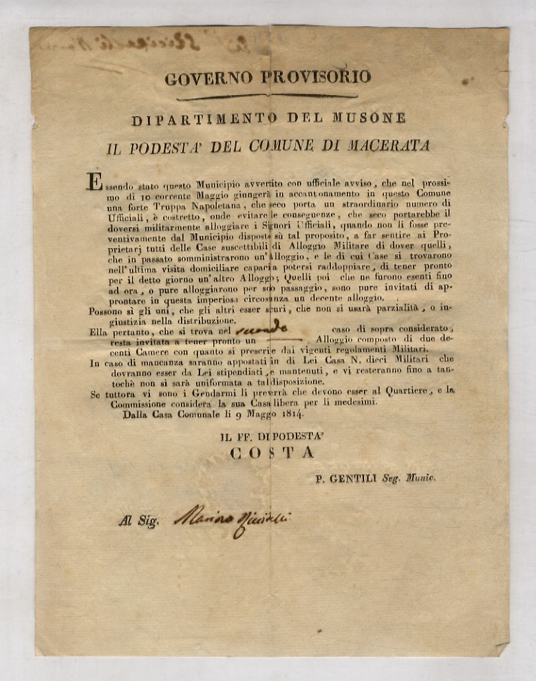 Governo Provisorio [sic]. Dipartimento del Musone. Il podestà del Comune …