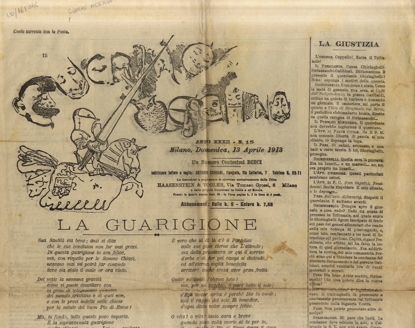 GUERIN Meschino. Anno XXXII. Num. 15. Milano, domenica 13 aprile …