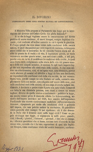 Il divorzio considerato come contro natura ed antigiuridico.