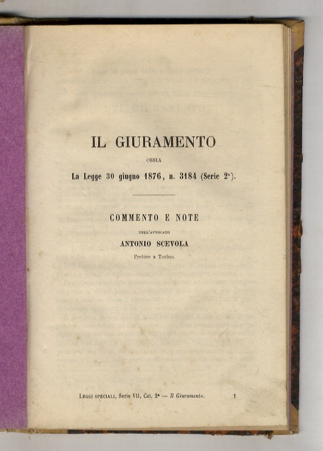 Il giuramento, ossia la Legge 30 giugno 1876, n. 3184 …