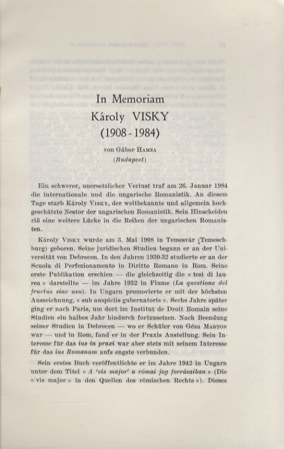 In memoriam Károly Visky (1908-1984). (Budapest).