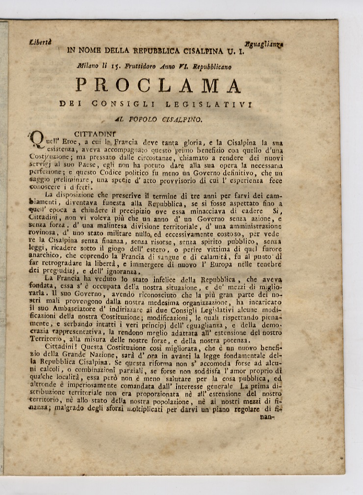 IN nome della Repubblica Cisalpina U.I., Milano li 15 fruttidoro …
