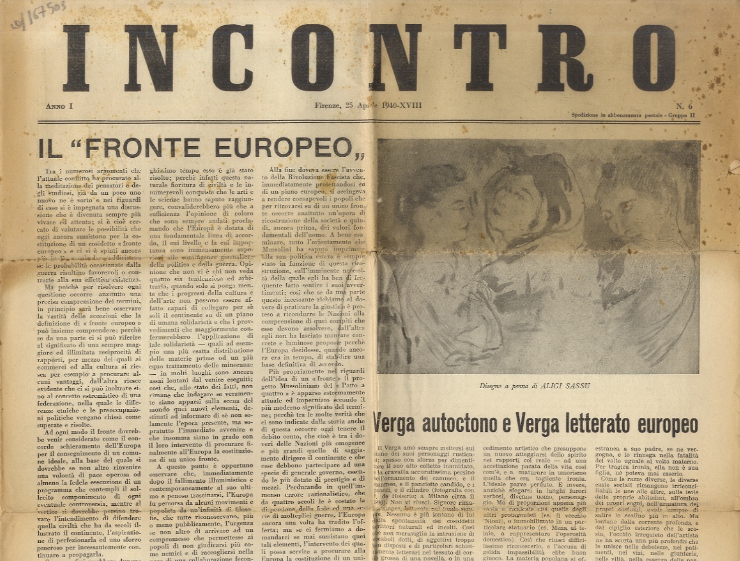 Incontro. Anno I. N. 6. Firenze, 25 aprile 1940.