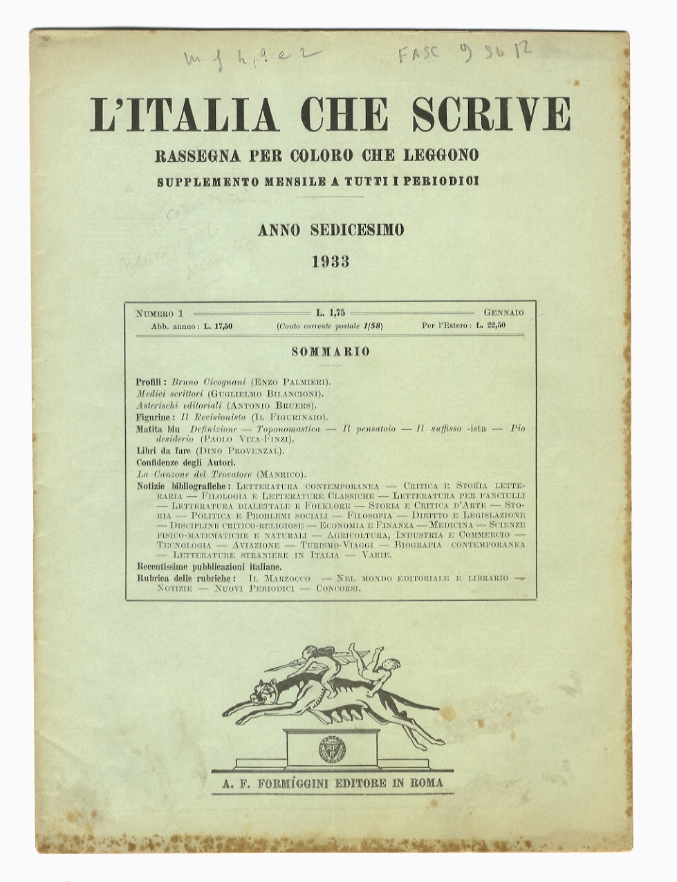 ITALIA (L') che scrive. Rassegna per coloro che leggono. Supplemento …