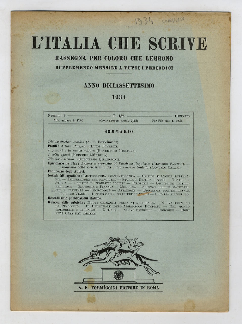 ITALIA (L') che scrive. Rassegna per coloro che leggono. Supplemento …