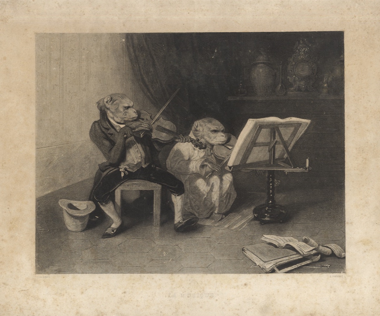 La Musique. Raffigurata con due scimpanzé che suonano il violino, …