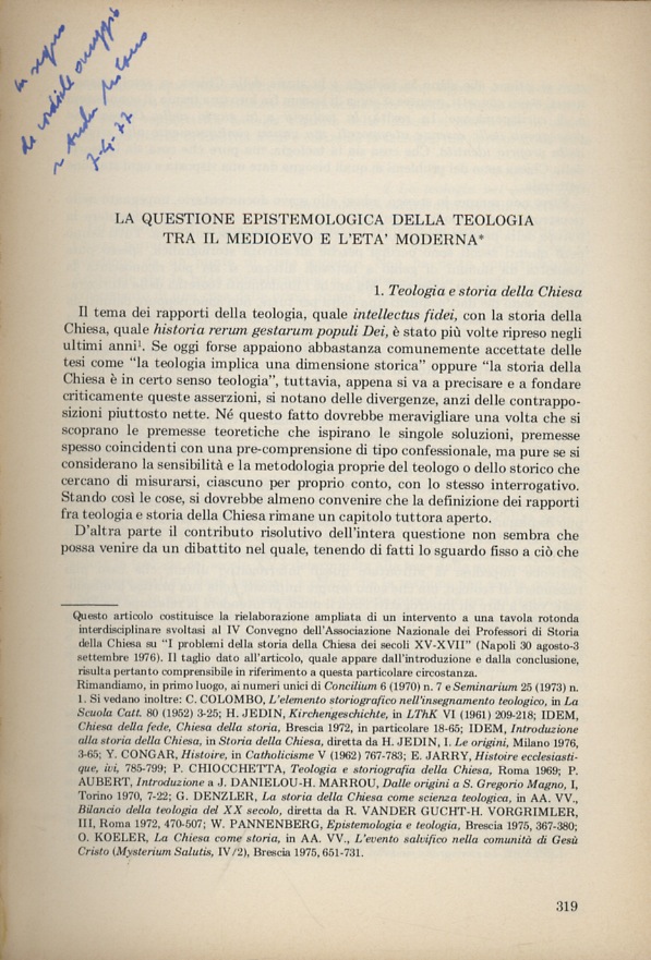 La questione epistemiologica della teologia tra il medioevo e l'età …