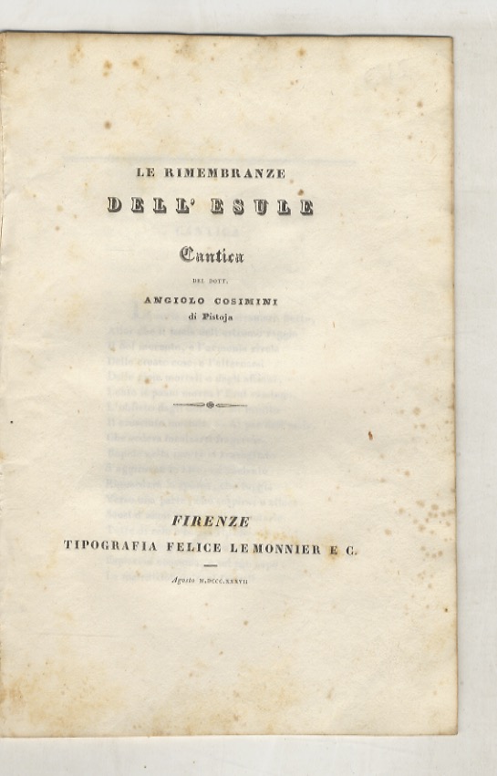 Le rimembranze dell'esule. Cantica del dott. Angiolo Cosimini di Pistoia.