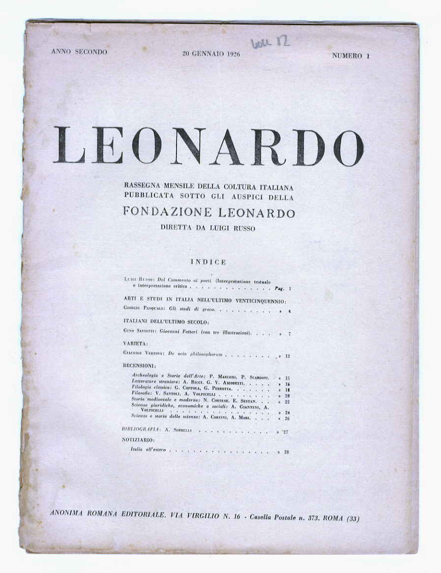 LEONARDO. Rassegna mensile della coltura italiana pubblicata sotto gli auspici …