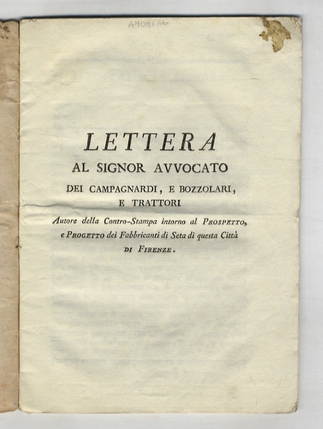 LETTERA al signor Avvocato dei Campagnardi, e Bozzolari e Trattori, …