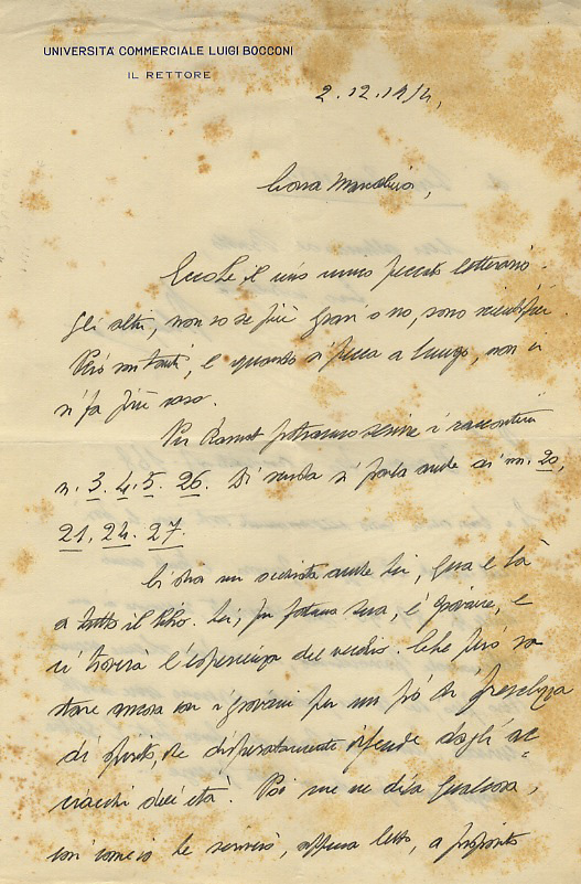Lettera autografa su due facciate, su carta intestata: Univesità Commerciale …