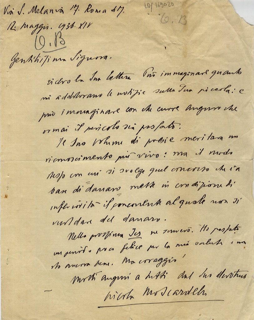 Lettera manoscritta autografa, firmata, datata "12 maggio 1936 - XIV", …