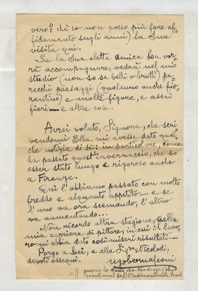 Lettera manoscritta autografa, firmata, indirizzata a Margherita Langer a Firenze, …