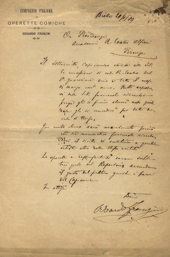 Lettera manoscritta autografa, su una facciata, su carta intestata: Compagnia …