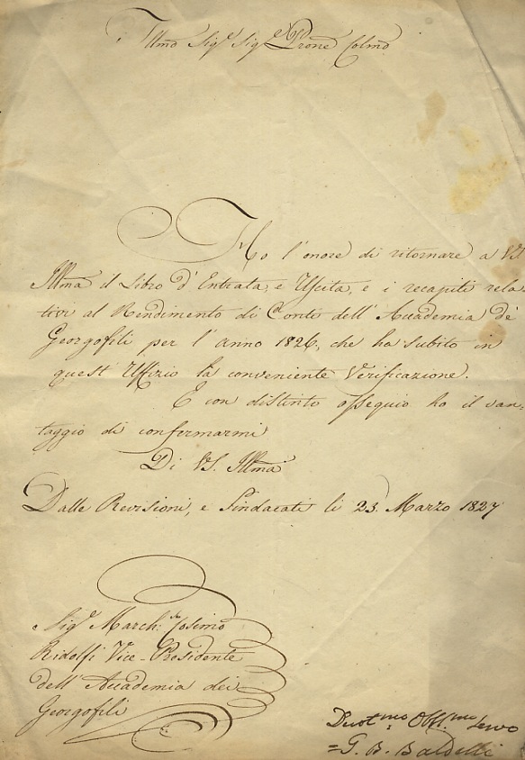 Lettera manoscritta firmata, su una facciata, inviata al marchese Cosimo …