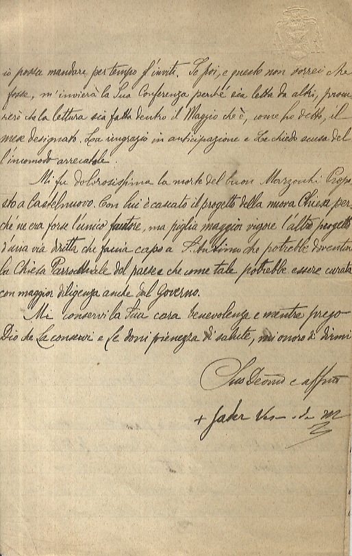 Lettera manoscritta in chiarissima grafia (forse di segretario), con firma …