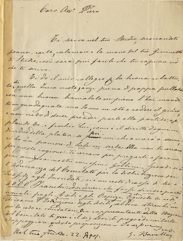 Lettera, scritta da segretario, con firma autografa, su una facciata, …