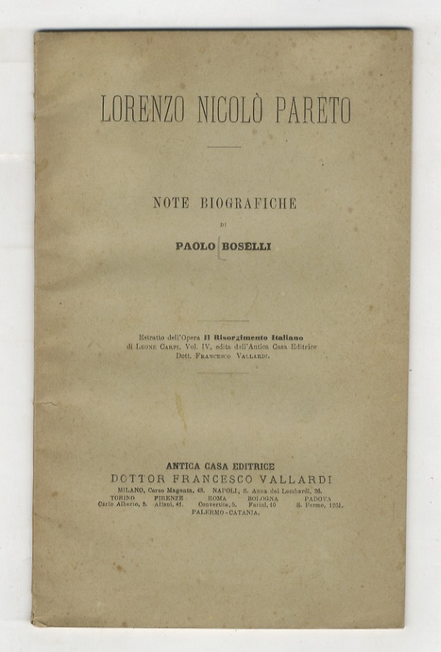 Lorenzo Nicolò Pareto. Note biografiche [.].