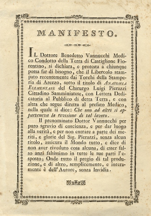 MANIFESTO. Il Dottore Benedetto Vannucchi Medico Condotto della Terra di …