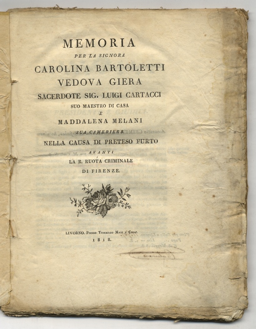 Memoria per la Signora Carolina Bartoletti vedova Giera, Sacerdote Sig. …