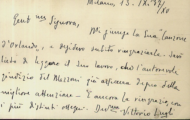 Messaggio manoscritto autografo, firmato, steso sulla facciata posteriore d'un biglietto …