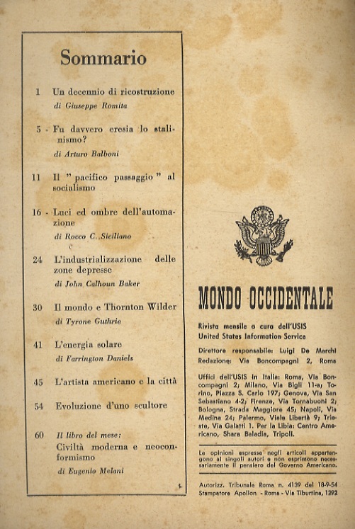 MONDO occidentale. Rivista mensile a cura dell'USIS, United States Information …